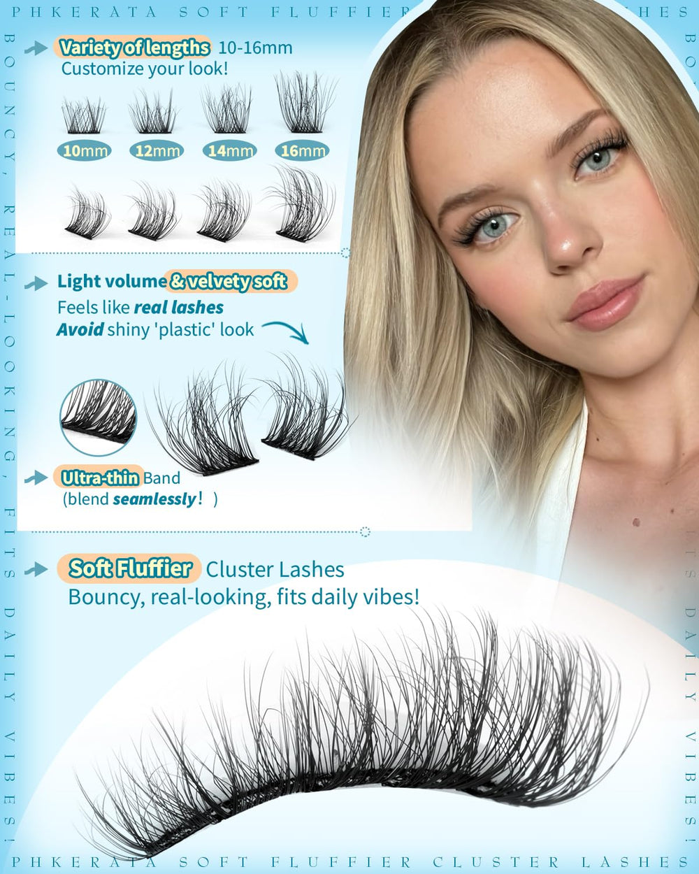 PHKERATA natural cluster lashes shown in mixed lengths 10-16mm for versatile styling.
