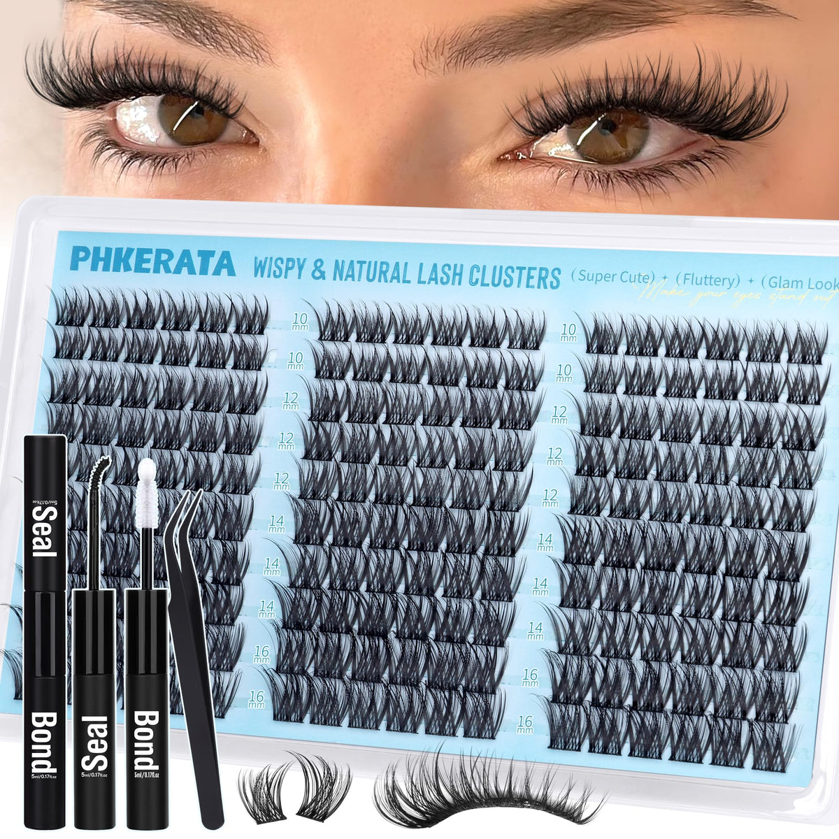 PHKERATA natural lash clusters 180pcs kit for seamless daily flutter and easy DIY use.