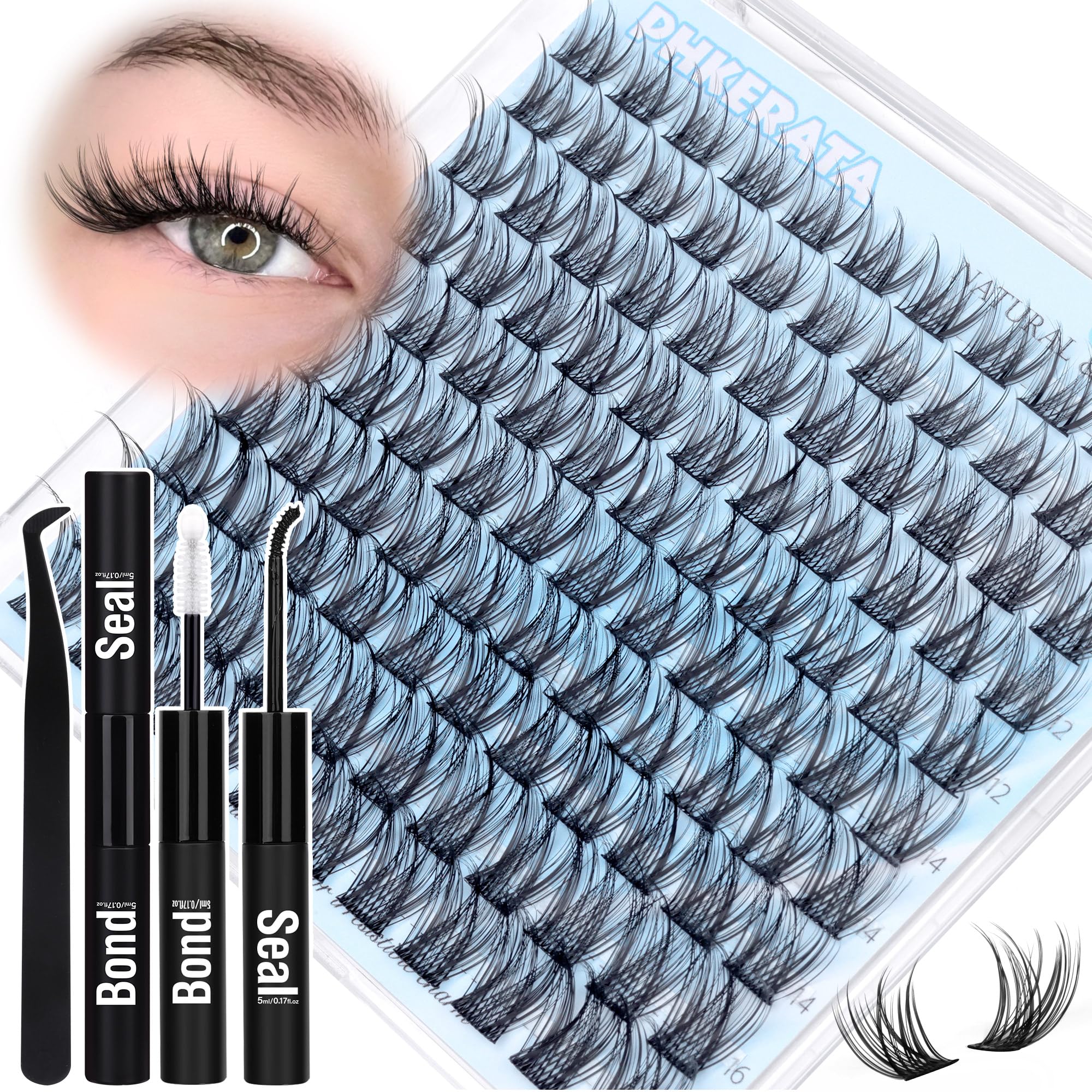 PHKERATA natural lash clusters kit closeup with 110pcs for customizable looks