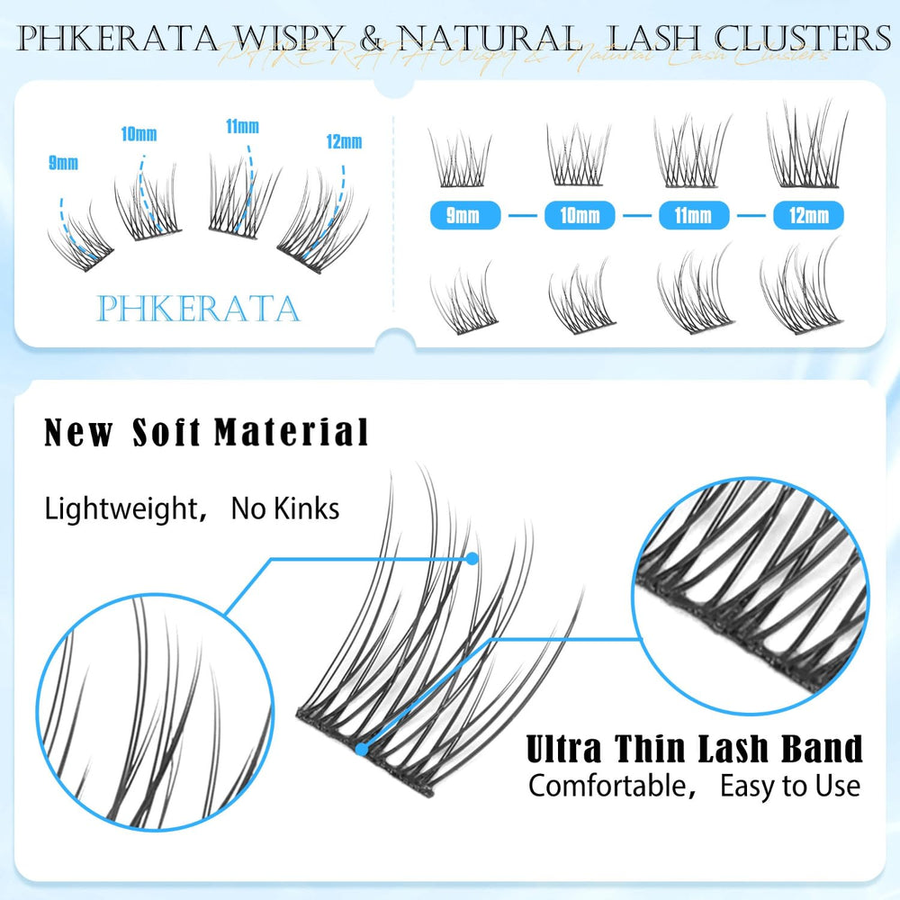 PHKERATA wispy cluster lashes 9–12 mm create a natural, seamless eye enhancement.