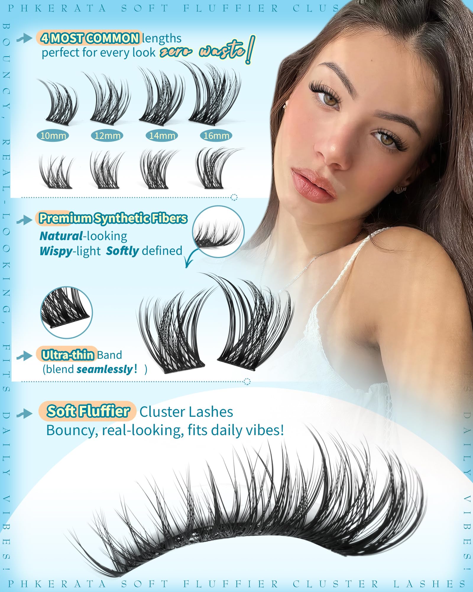 PHKERATA wispy lash clusters with C-curly blend naturally for a soft flutter.