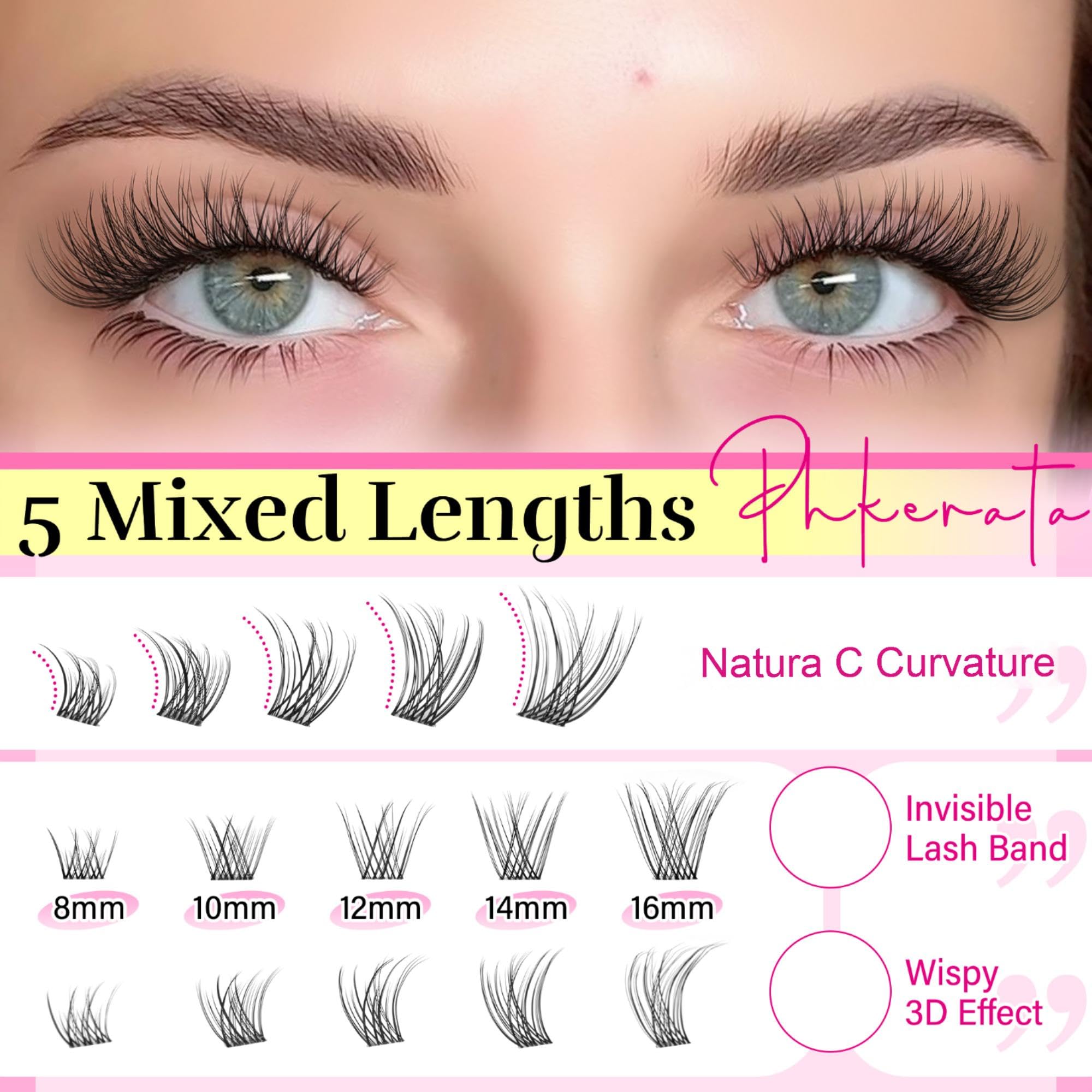 PHKERATA wispy curvature lashes shown for subtle 3D enhancement.