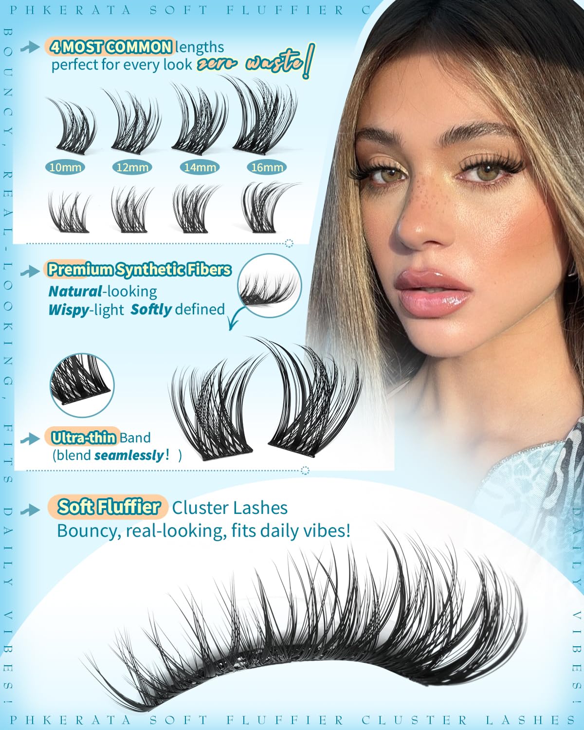 PHKERATA Wispy Lash Clusters available in 10-16mm lengths for gradient fullness.