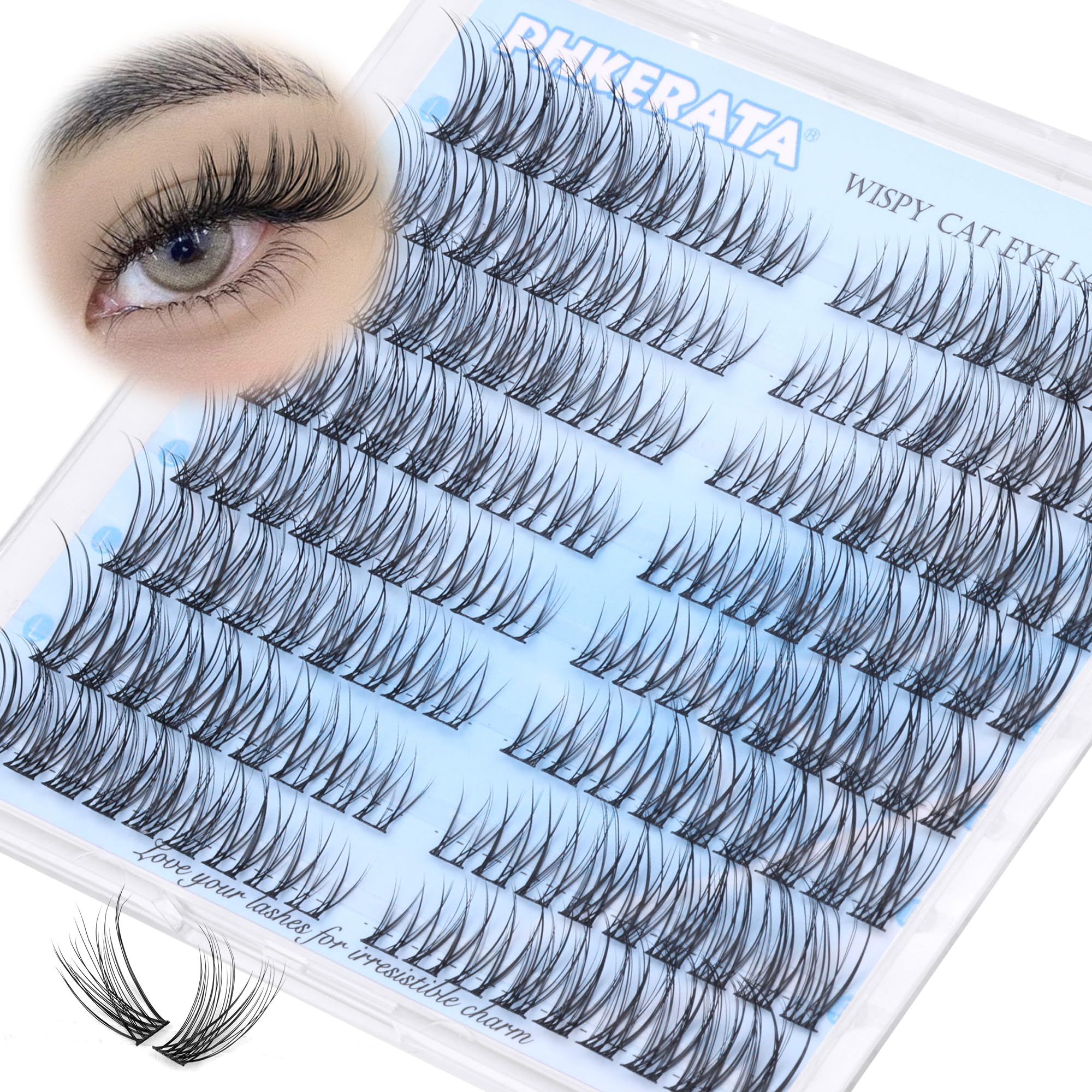 PHKERATA wispy lash clusters 7–15 mm for natural cat-eye look.