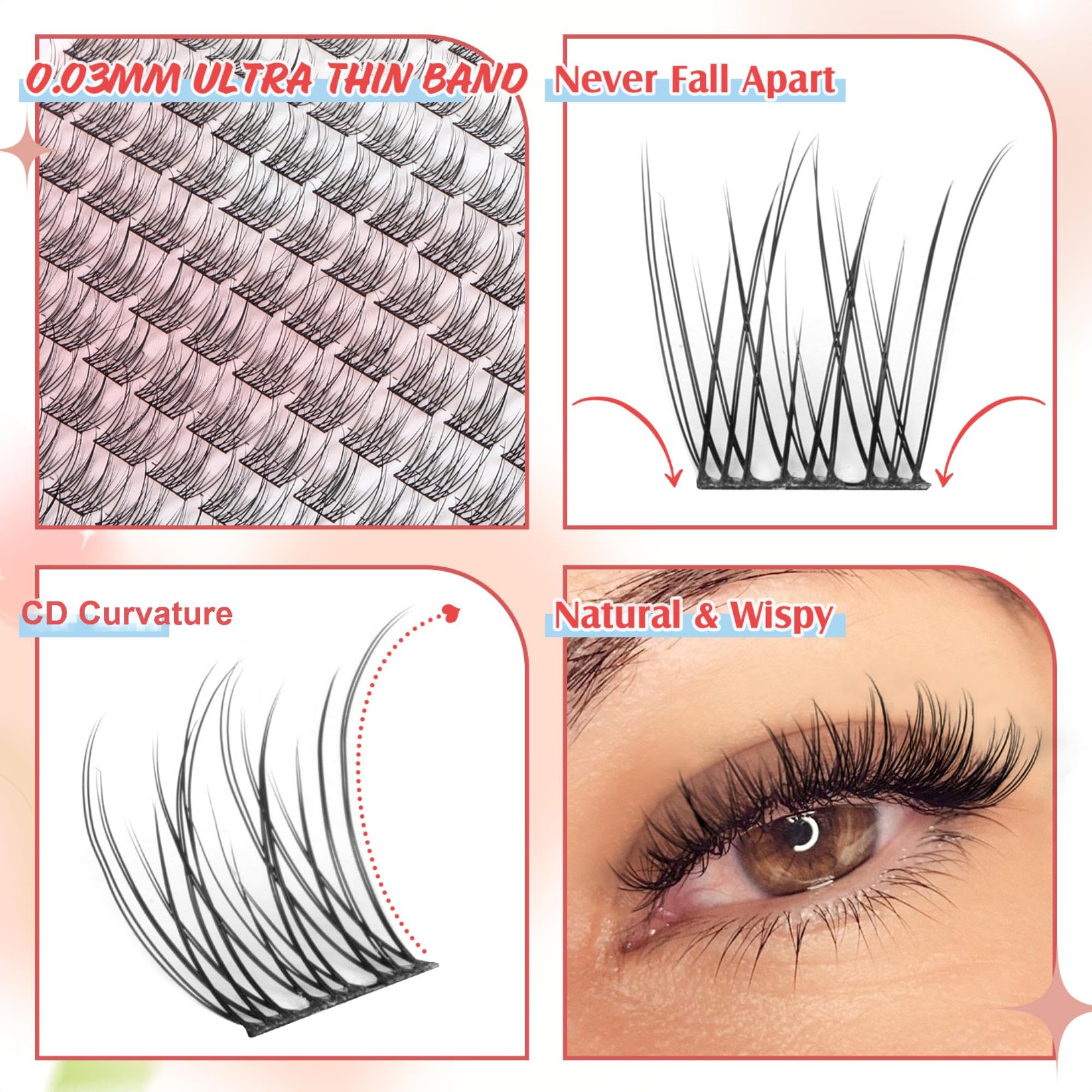 PHKERATA Wispy Lash Clusters with 9-12mm lengths for versatile styling.
