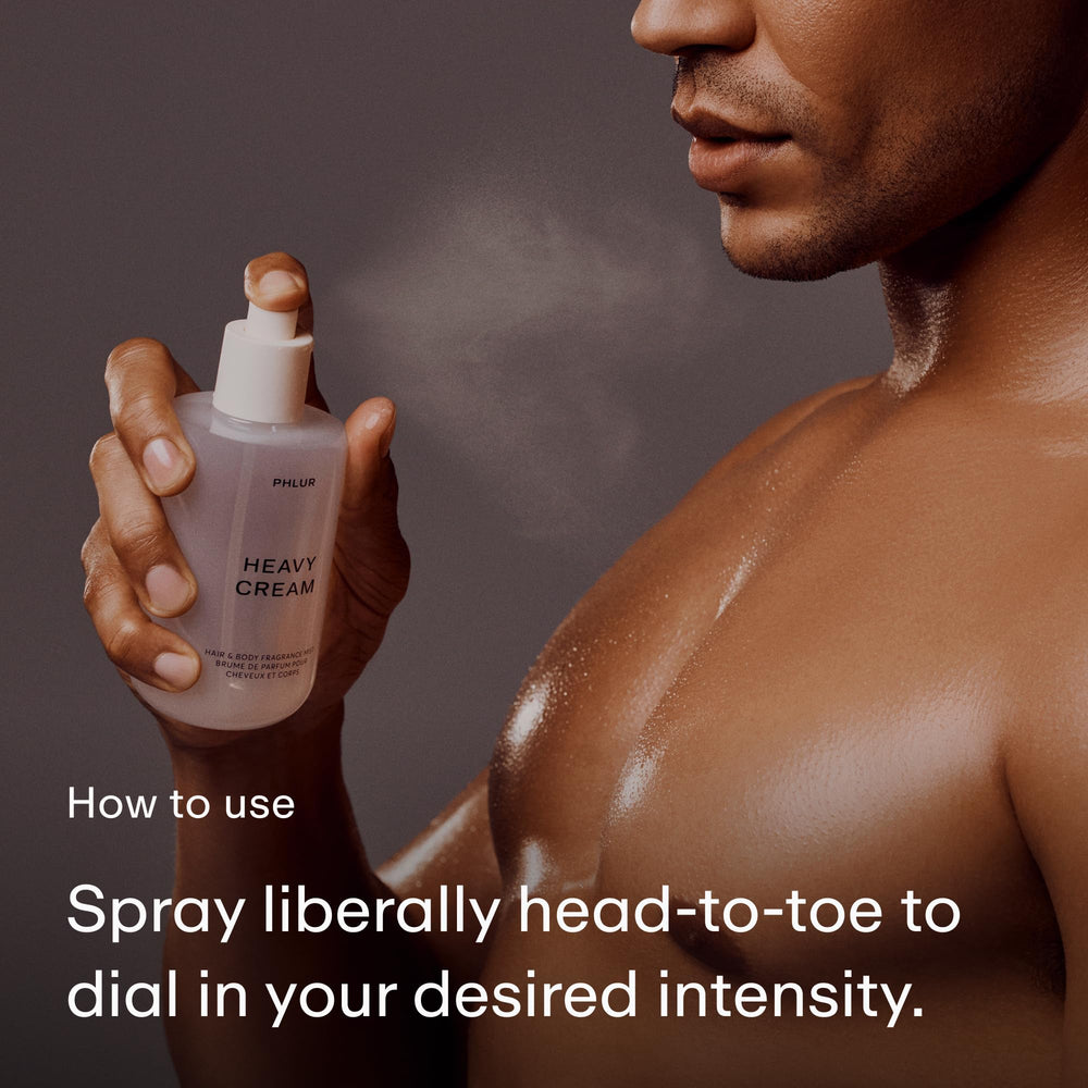 PHLUR Heavy Cream applied to hair, subtle vanilla scent on strands.