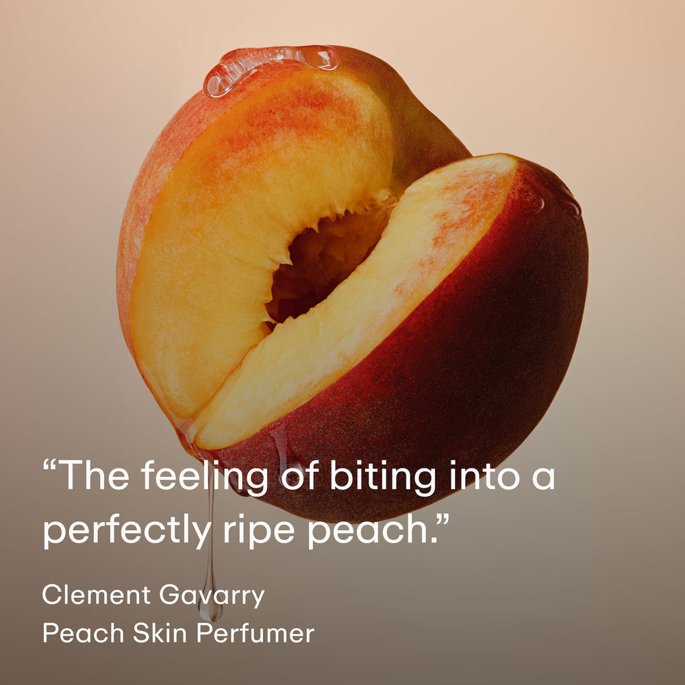 PHLUR Peach Skin Body Mist close-up highlights vanilla orchid and coconut caramel notes.