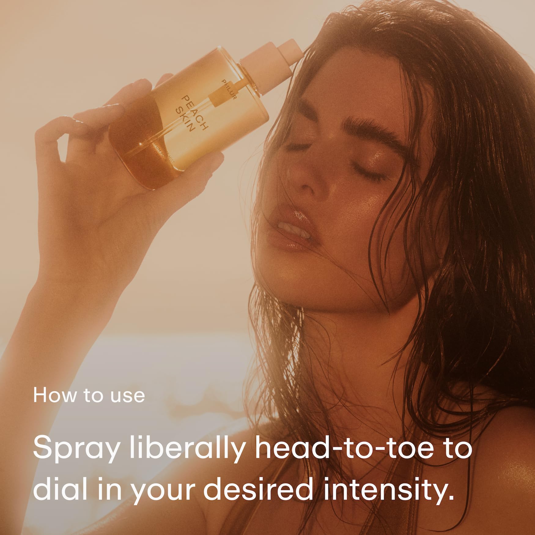 PHLUR Peach Skin Body Mist on skin illustrates radiant, soft fragrance linger.