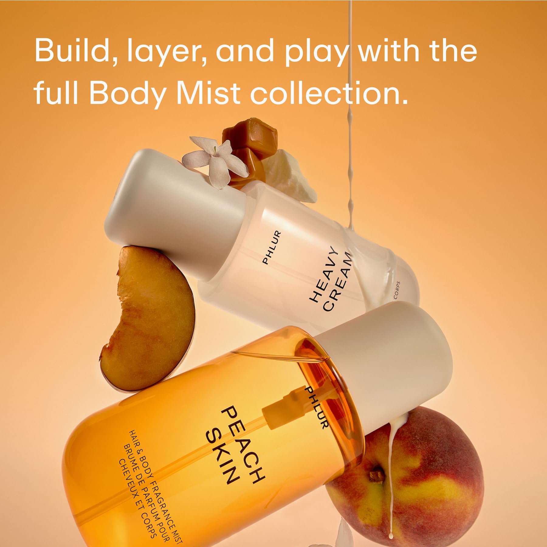 PHLUR Peach Skin Body Mist packaging communicates modern, travel-friendly design.