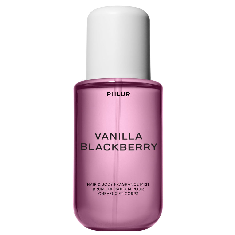 PHLUR Vanilla Blackberry Body Mist bottle showing warm vanilla and berry notes for daily wear.