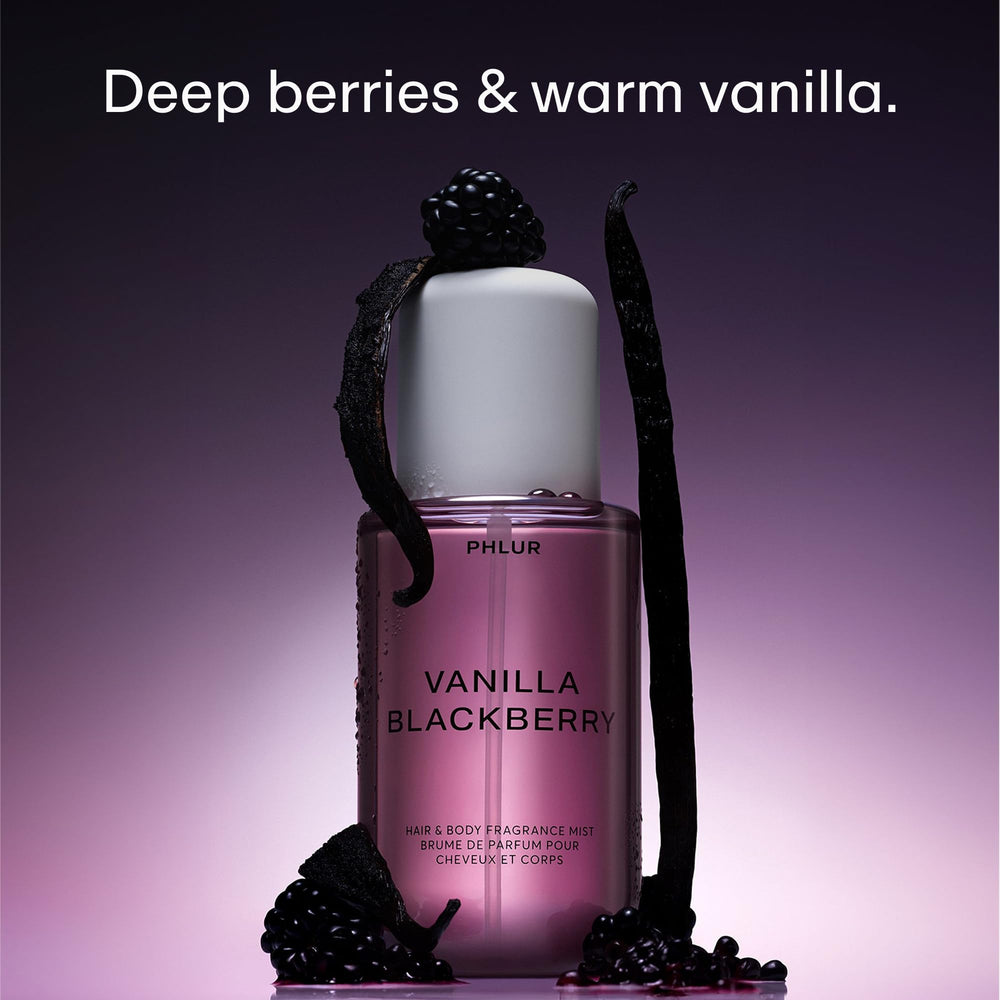 PHLUR Vanilla Blackberry Body Mist spray top highlighting easy misting for hair or skin.