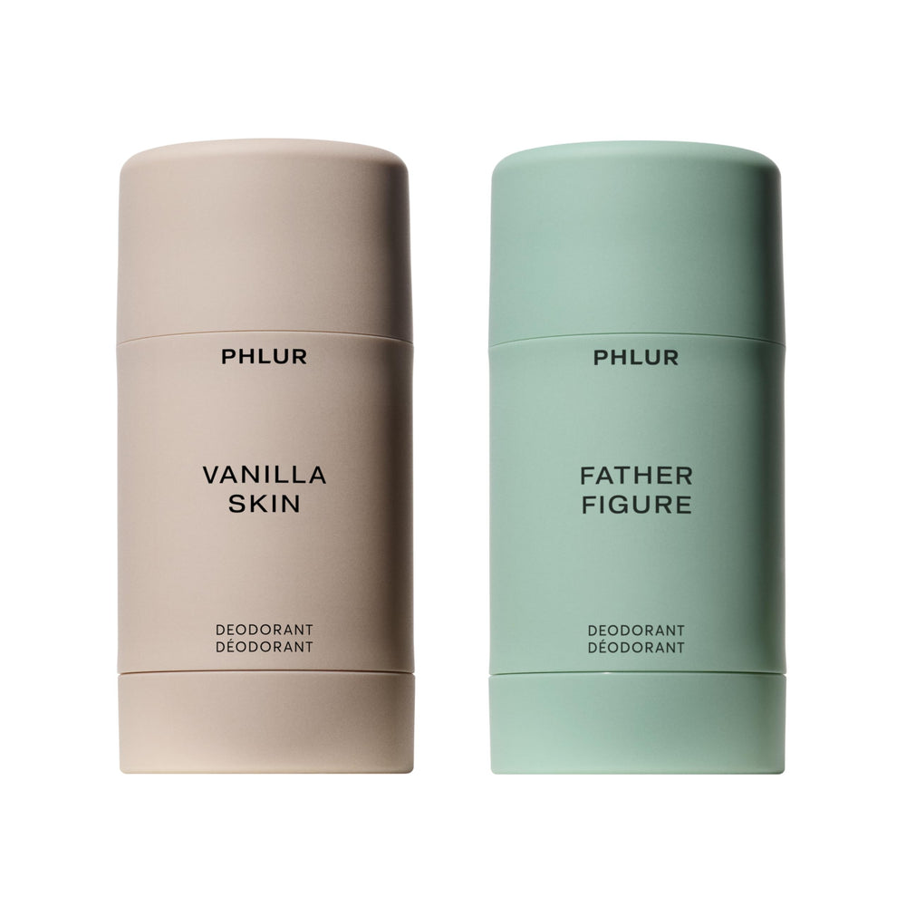 PHLUR Vanilla Skin and Father Figure Duo box showcases premium natural deodorants for lasting freshness.