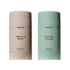 PHLUR Vanilla Skin and Father Figure Duo box showcases premium natural deodorants for lasting freshness.
