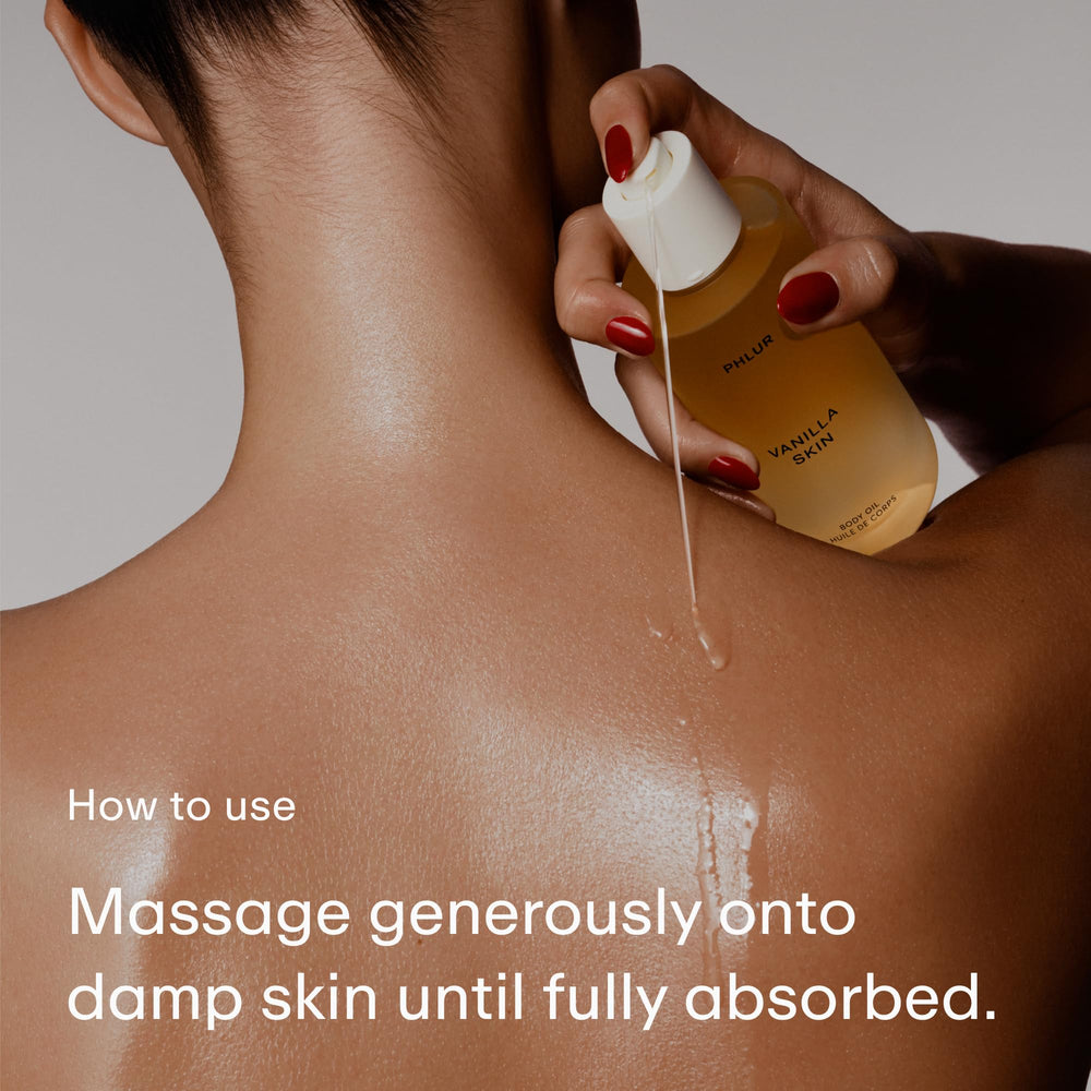 PHLUR Vanilla Skin Body Oil diffusion scene evokes warm, comforting notes.