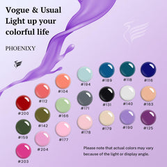 Phoenixy 21 colores gel para uñas con acabado versátil y duradero.