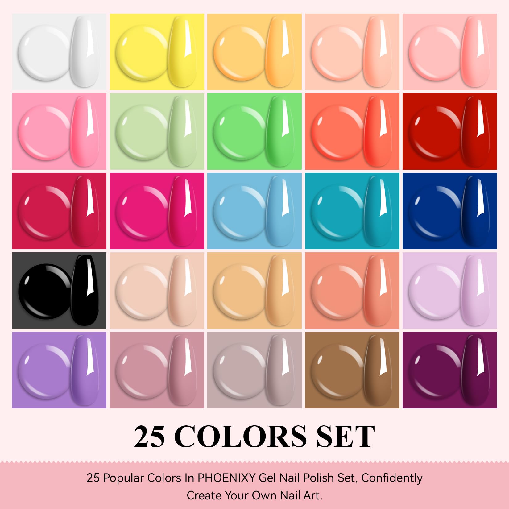 Phoenixy 25 colors gel polish bottles closeup showing diverse shades for at-home manicures.
