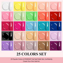 Phoenixy 25 colors gel polish bottles closeup showing diverse shades for at-home manicures.