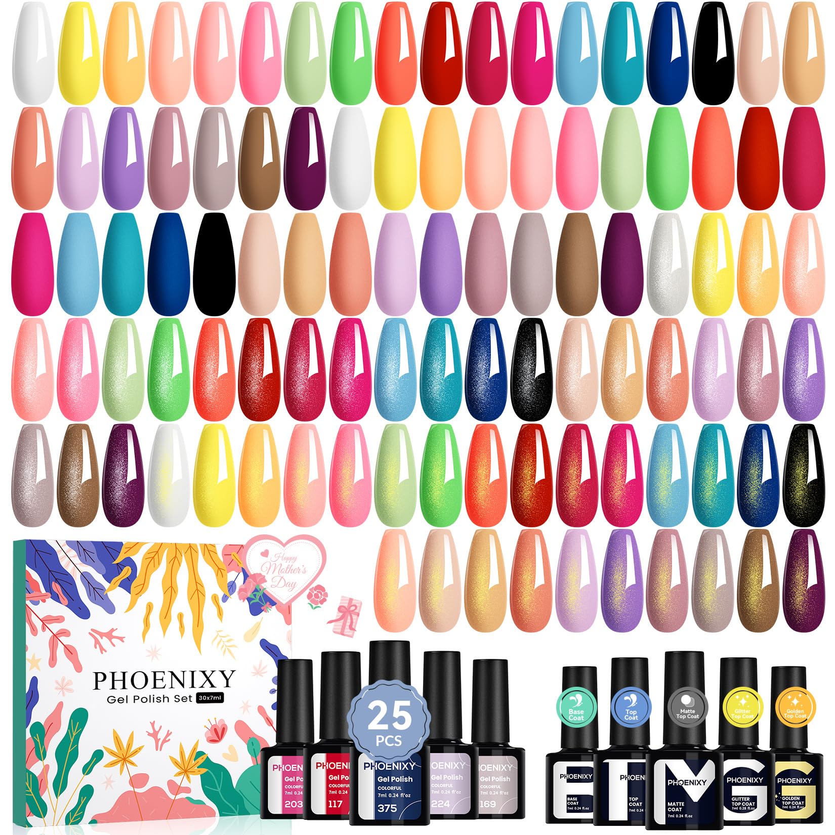 Phoenixy 30 Pcs Gel Nail Polish Set packaging displaying a full color range for all-season nails.