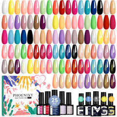 Phoenixy 30 Pcs Gel Nail Polish Set packaging displaying a full color range for all-season nails.