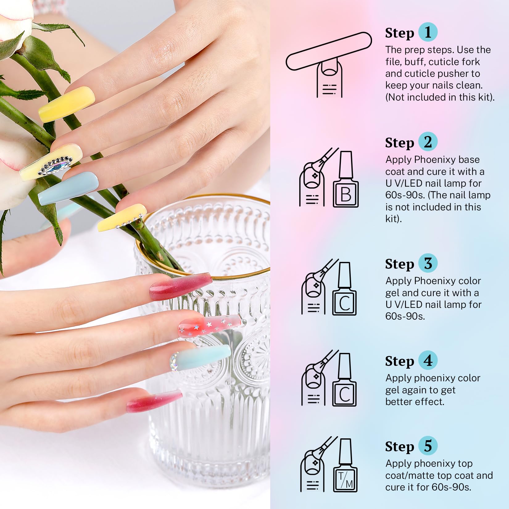 Phoenixy Accesorios manicura herramientas para aplicar y sellar colores.