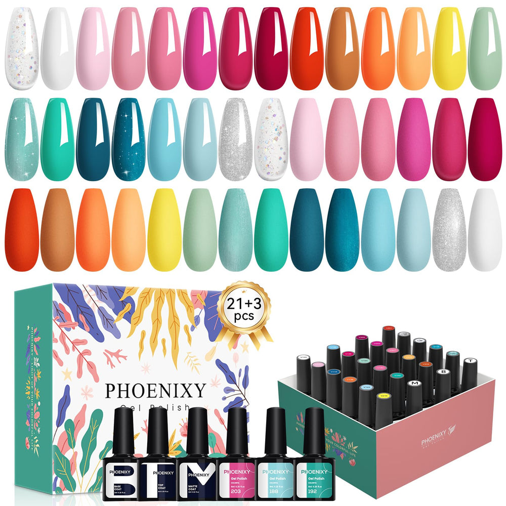Phoenixy Conjunto gel de uñas muestra 21 colores para estilos variados.