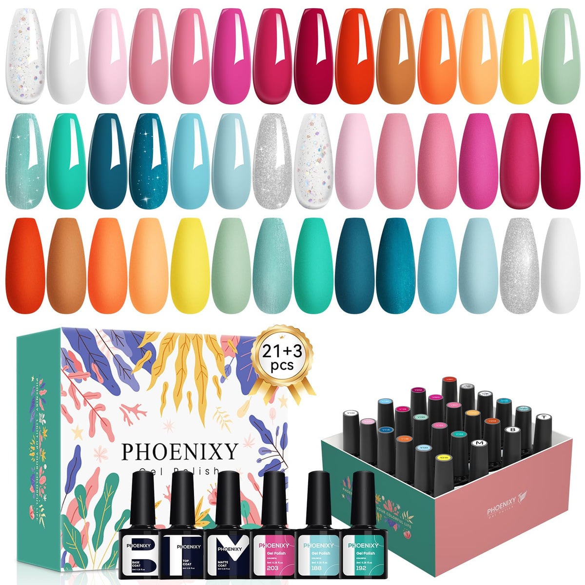 Phoenixy Conjunto gel de uñas muestra 21 colores para estilos variados.