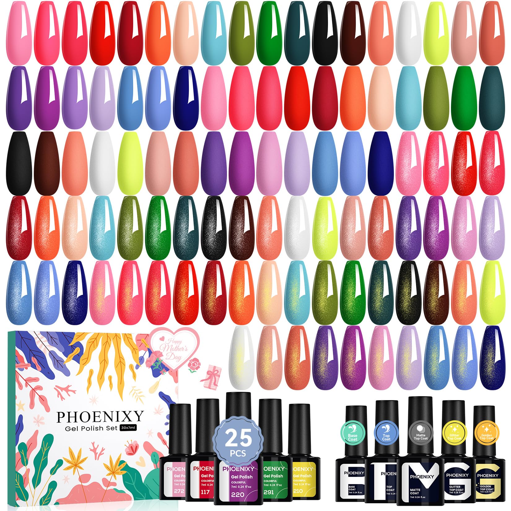 Phoenixy Gel Nail Polish 30-Piece Dark Color Collection bottles display rich tones for mature looks.