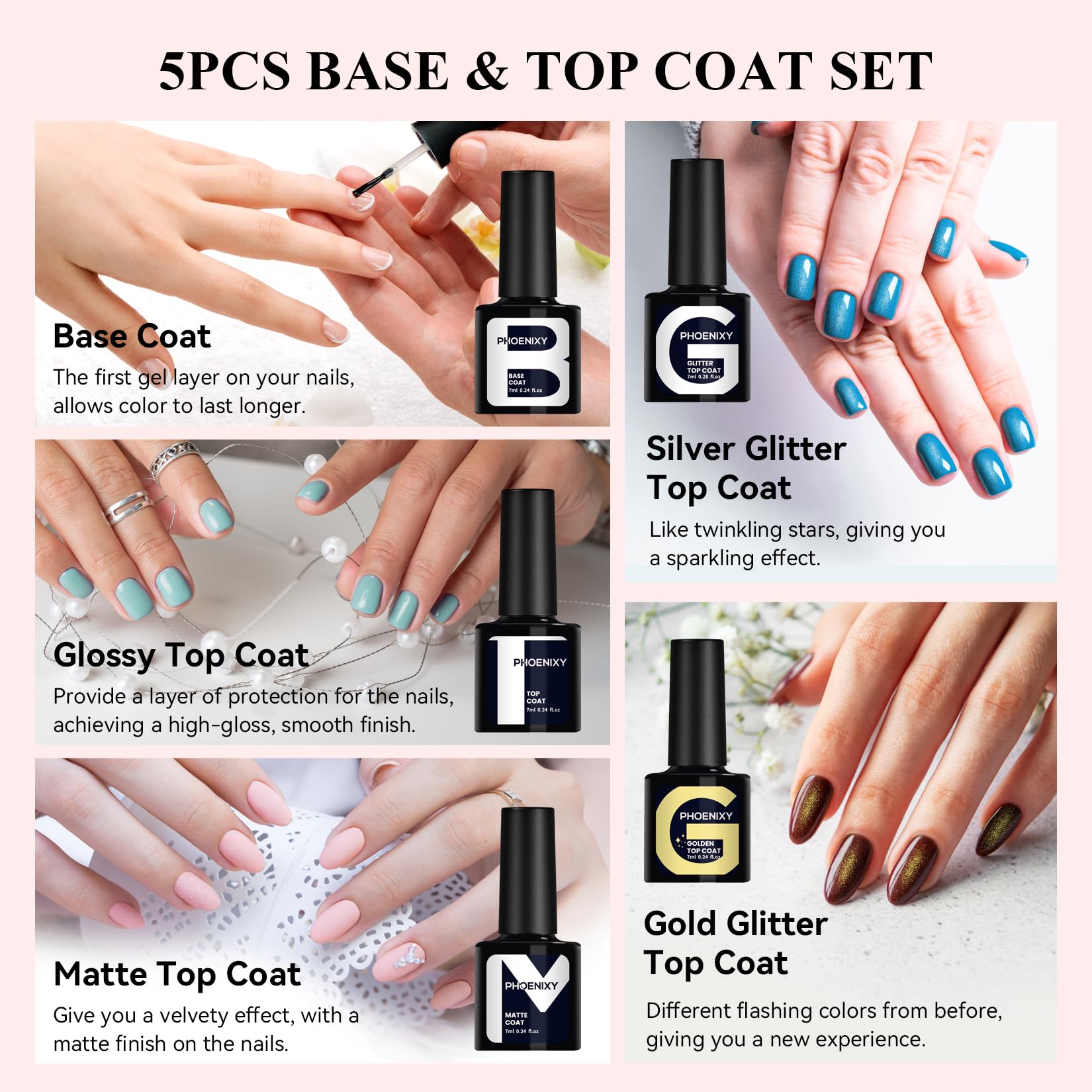 Phoenixy silver glitter top coat provides shimmering accents for party looks.
