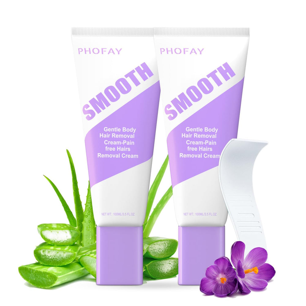 PHOFAY hair removal cream bottle shown, travel-friendly design for sensitive skin.