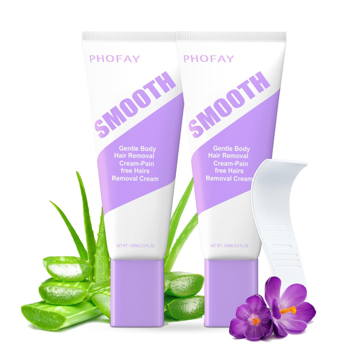PHOFAY hair removal cream bottle shown, travel-friendly design for sensitive skin.