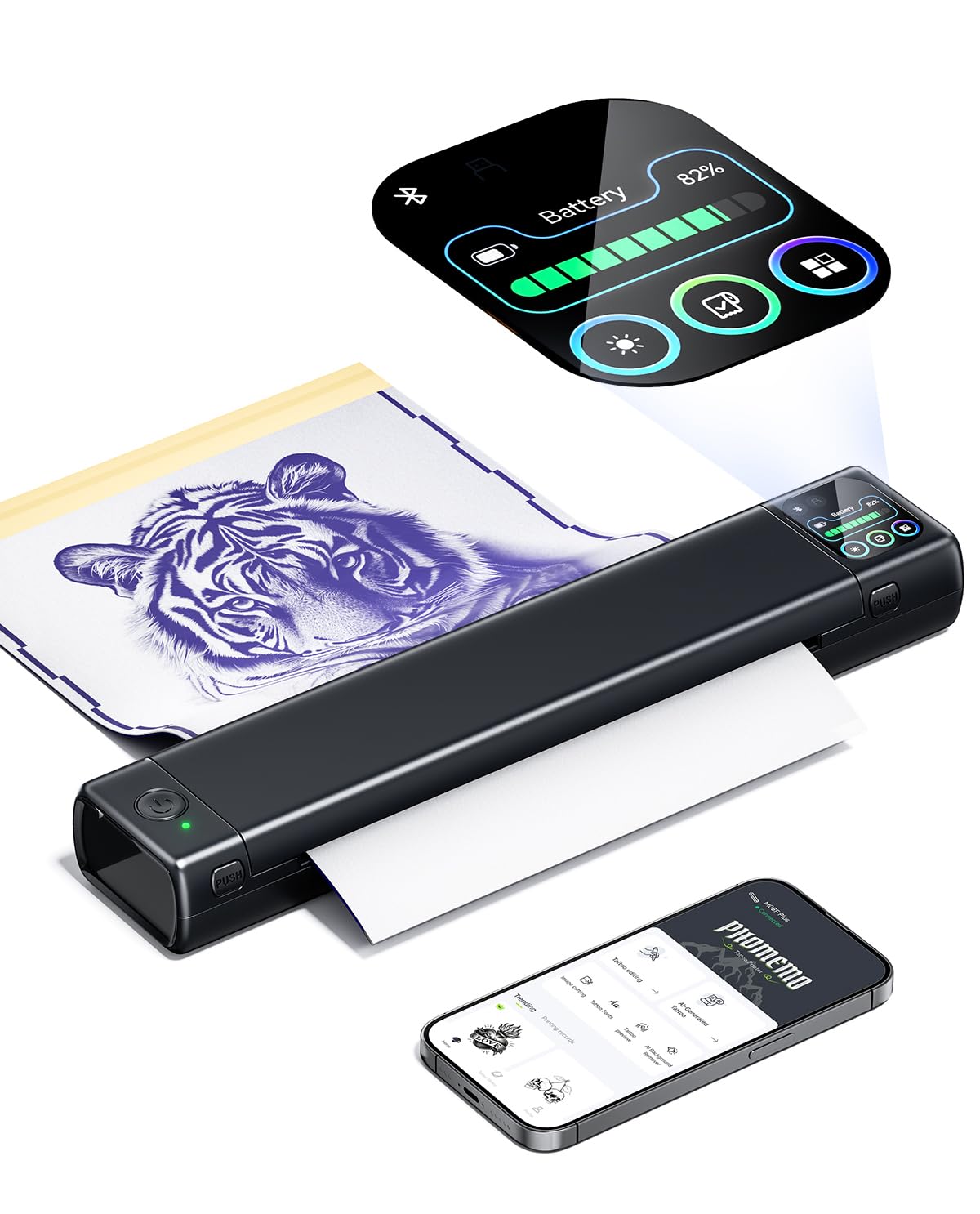 Phomemo M08F Plus front view showing compact tattoo stencil printer