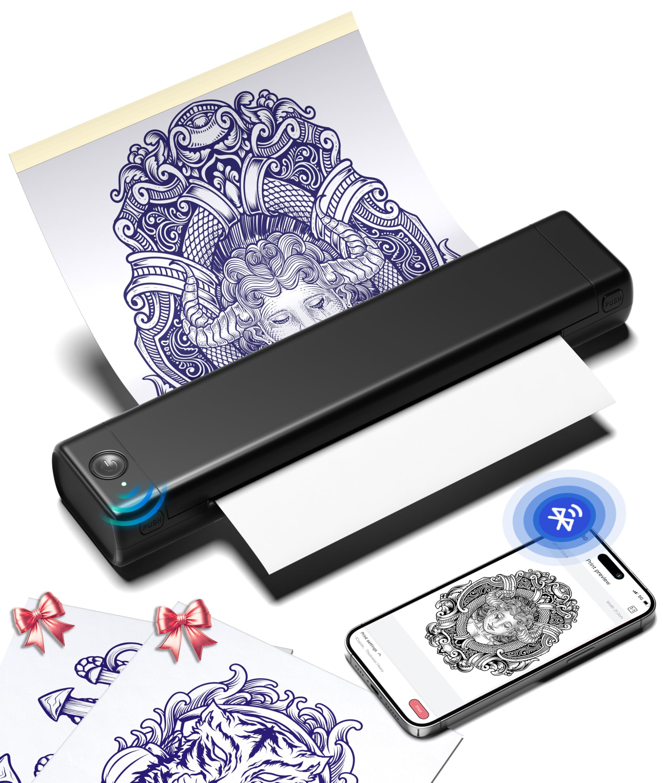 Phomemo M08F tattoo stencil printer, compact desk setup for crisp transfers.
