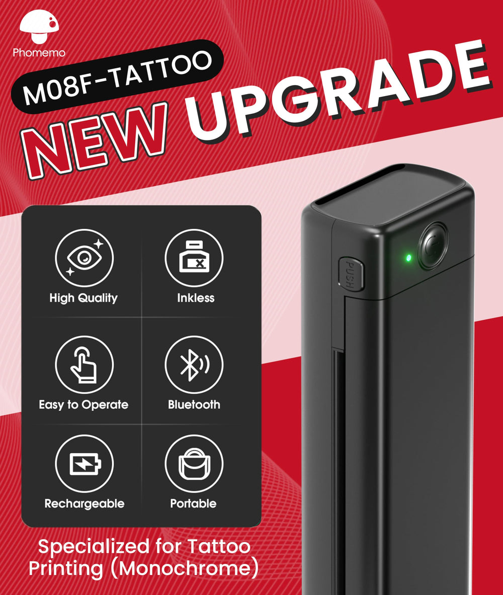 Phomemo M08F wireless tattoo printer in action during a live session.