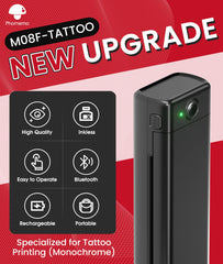 Phomemo M08F wireless tattoo printer in action during a live session.