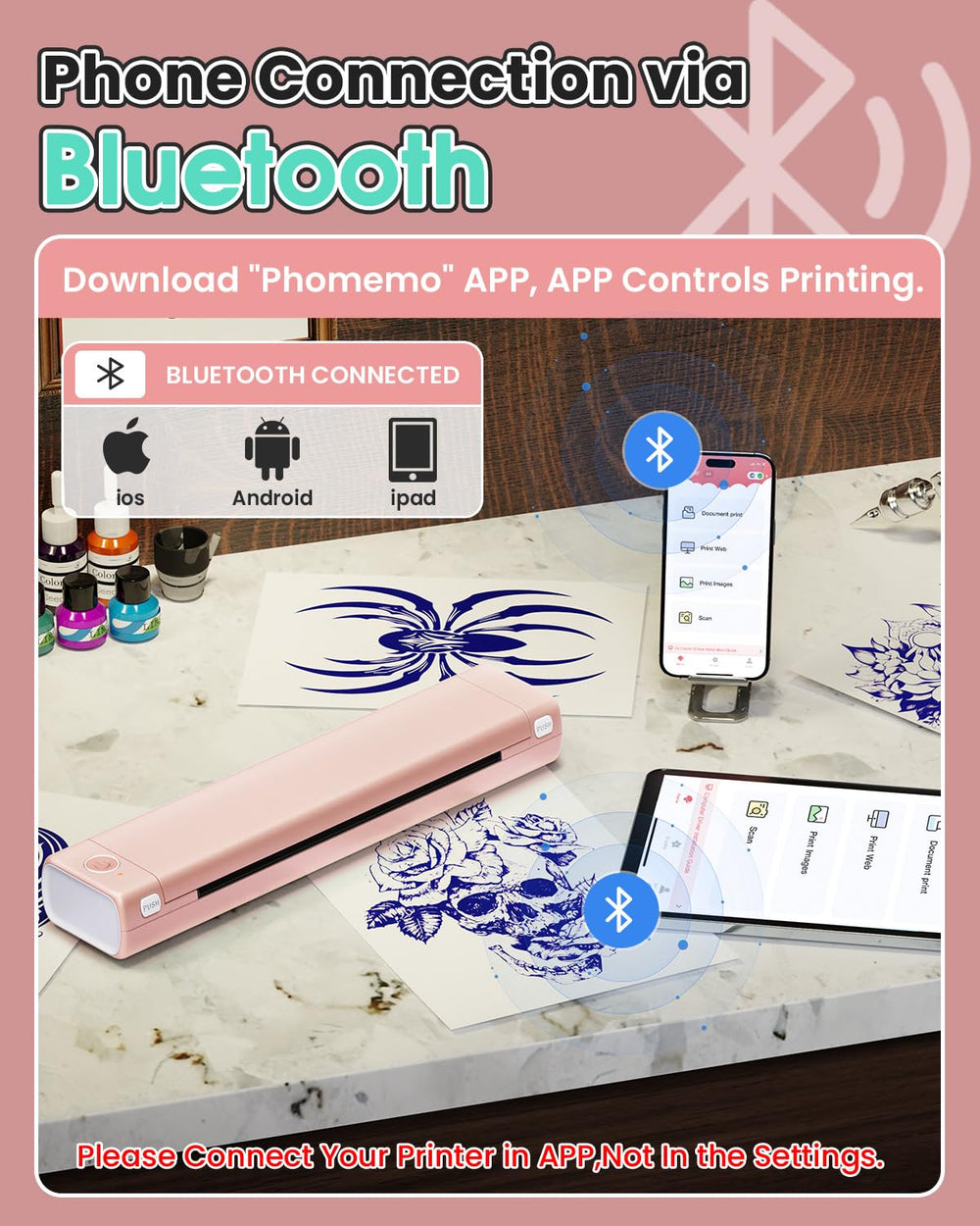 Phomemo M08F app print feature enabling quick stencil creation.