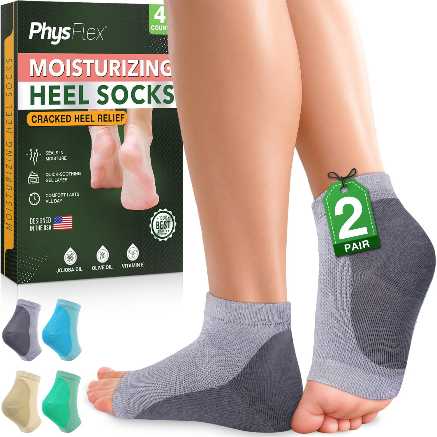 PhysFlex Moisturizing Socks packaging highlighting overnight hydration benefits
