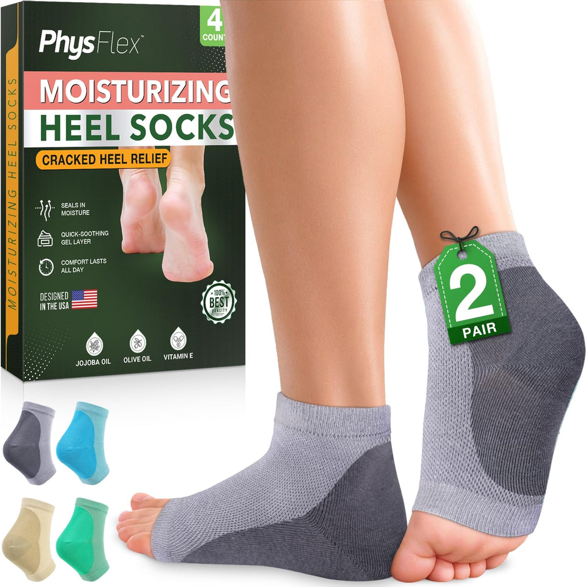 PhysFlex Moisturizing Socks packaging highlighting overnight hydration benefits