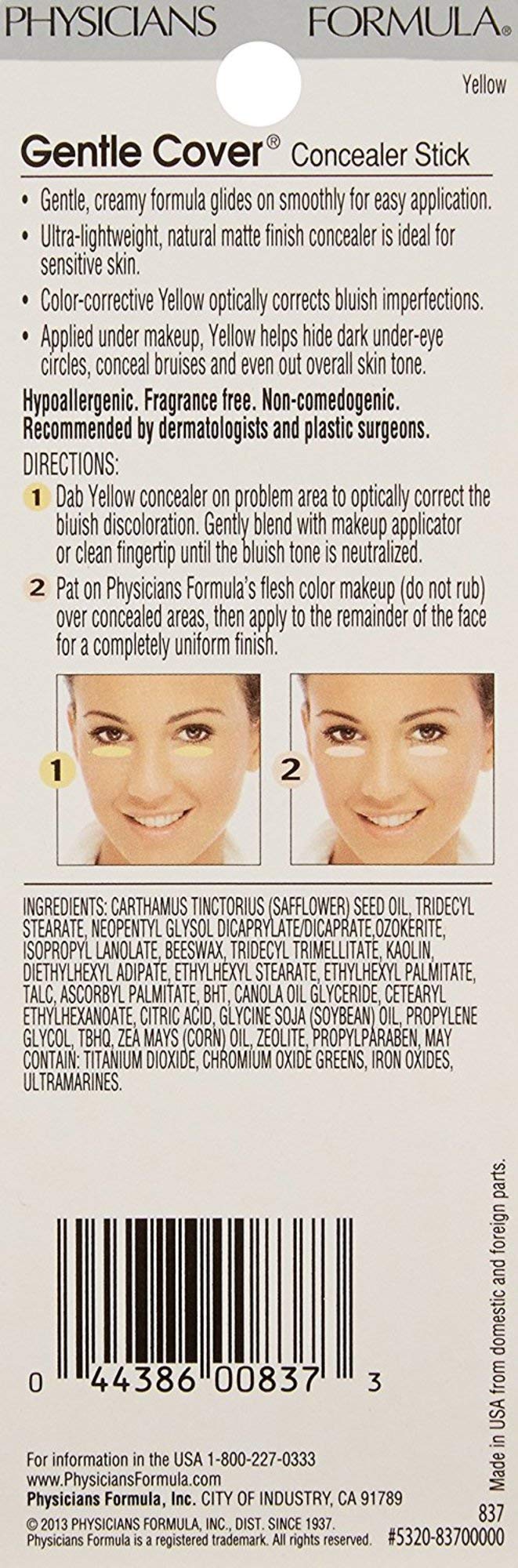 Physicians Formula Gentle Cover Concealer Stick yellow delivers non-drying, comfortable wear