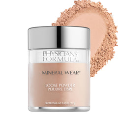 Polvo mineral sin talco de Physicians Formula, acabado satinado suave para piel natural.