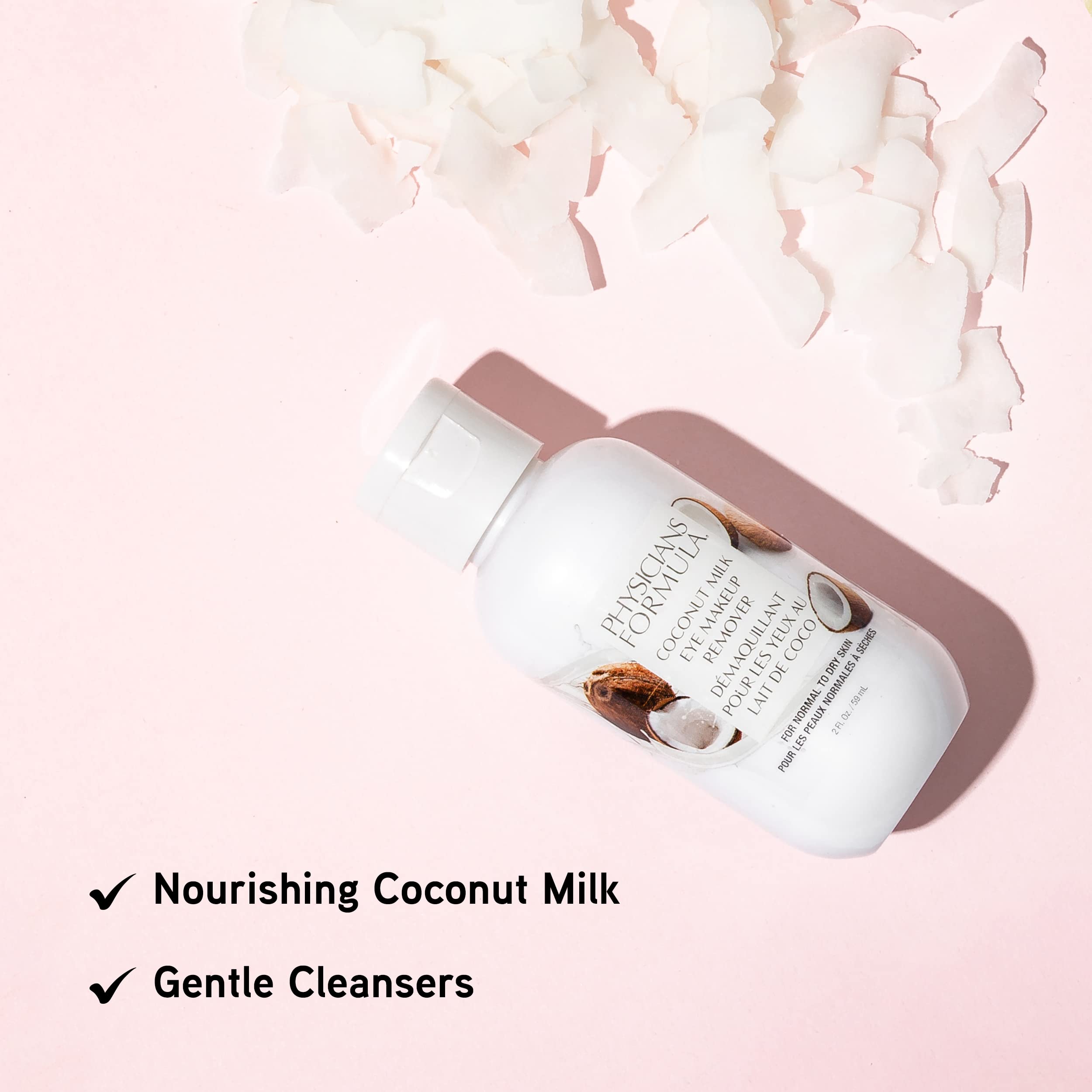 Physicians Formula Coconut Milk formula next to packaging emphasizes hypoallergenic use.