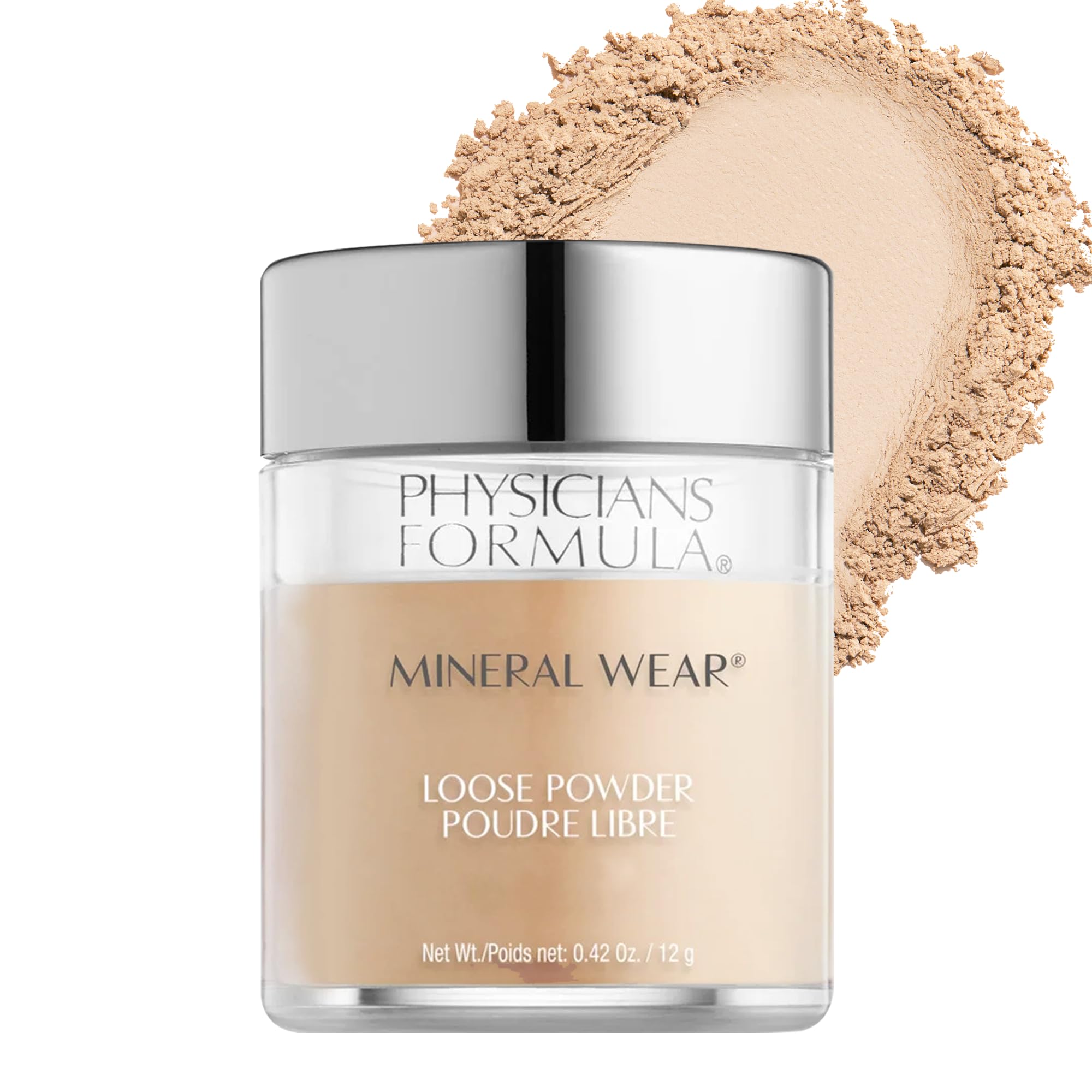 Polvo mineral sin talco de Physicians Formula, acabado translúcido claro para piel uniforme.