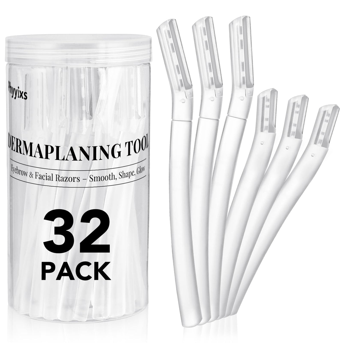 Phyyixs 32-pack dermaplane long blades for peach fuzz removal on cheeks