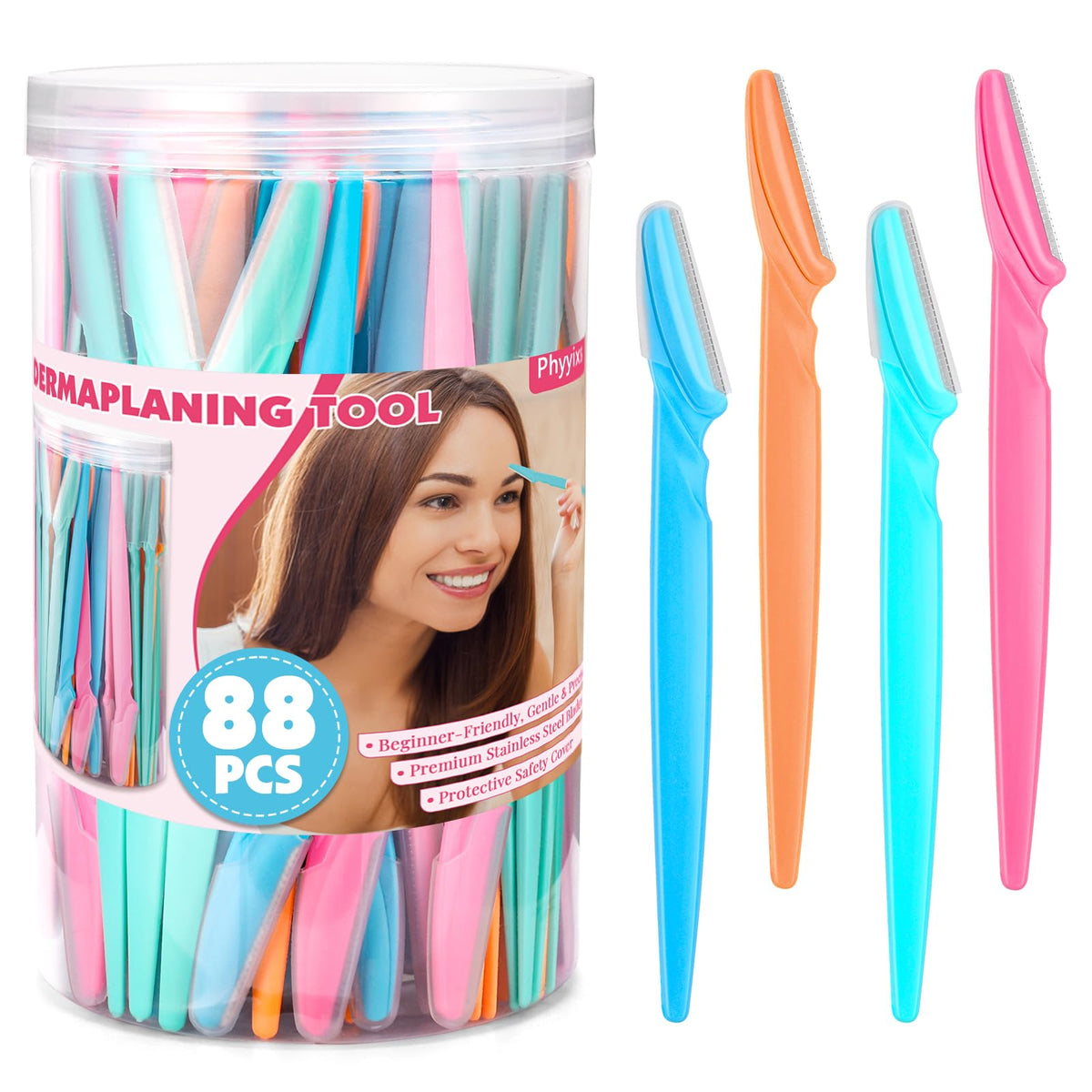 Phyyixs 88-pack storage-jar displaying organized color razors for gifts.
