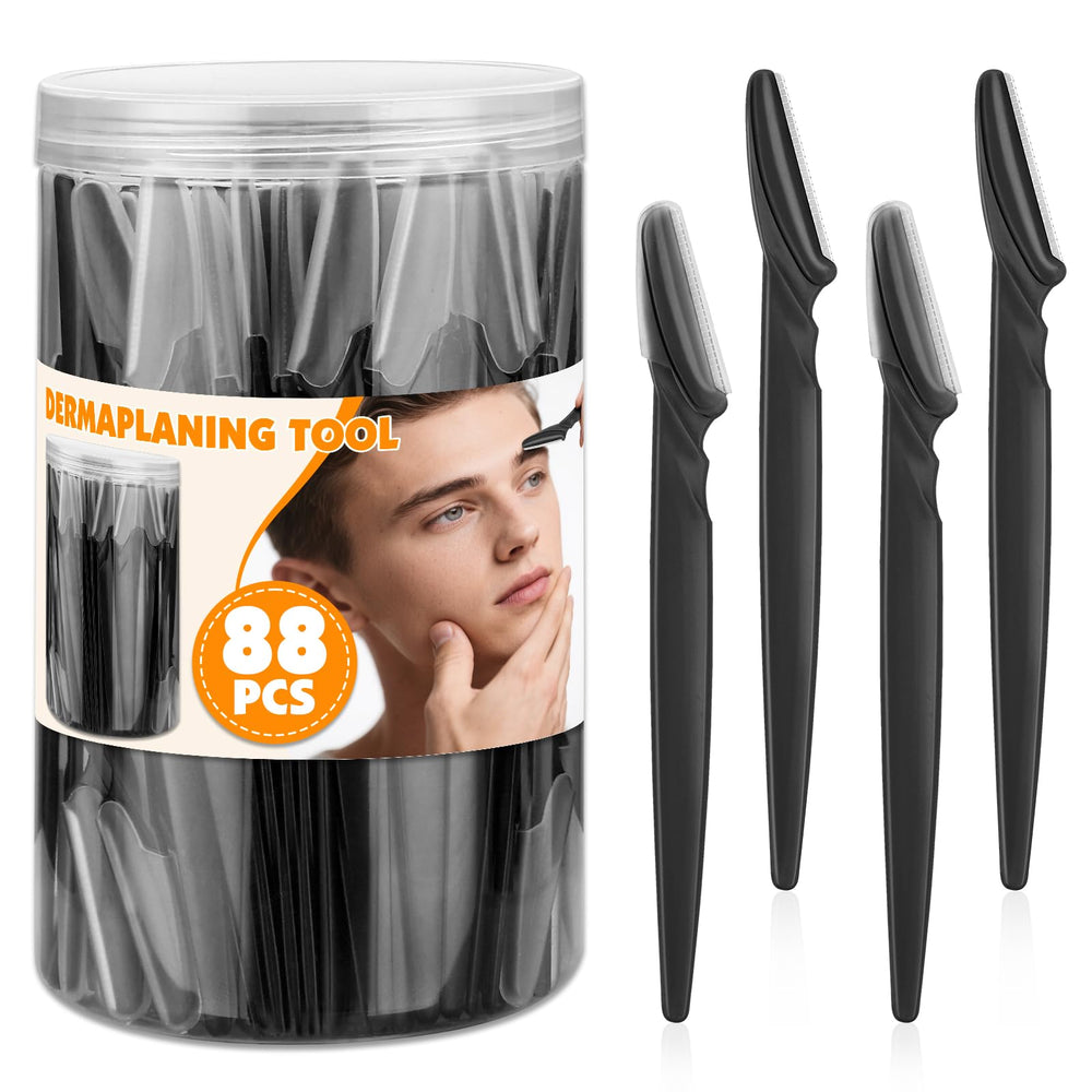 Phyyixs 88-pcs eyebrow razors in storage jar for organized grooming.