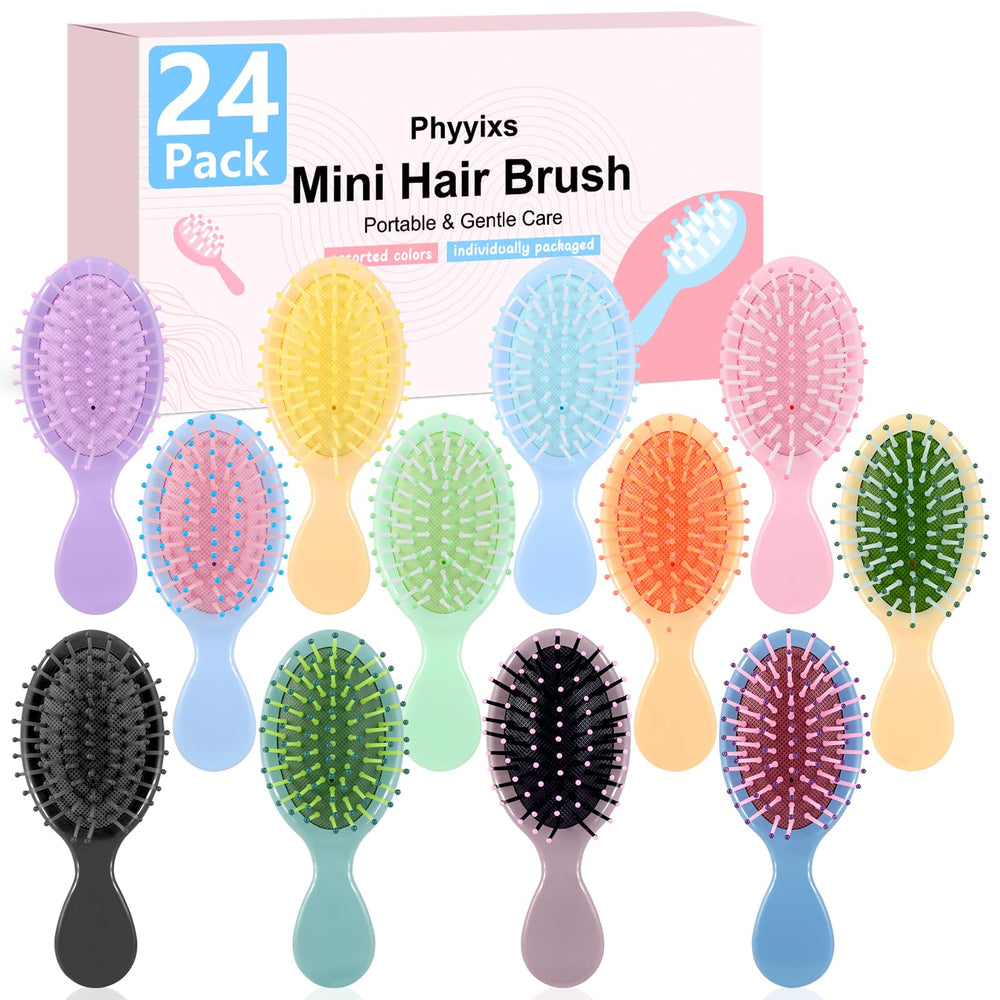 Phyyixs mini detangling hairbrushes in 24-pack multicolor set for on-the-go styling.