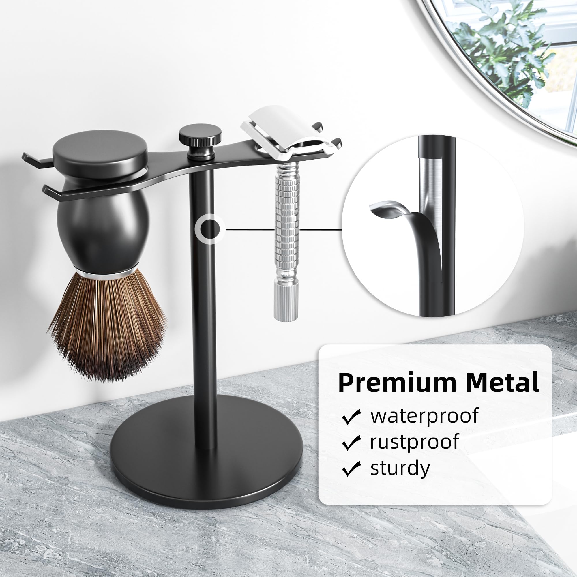 Black finish Pickpiff stand on a desk adds an elegant touch to any vanity.