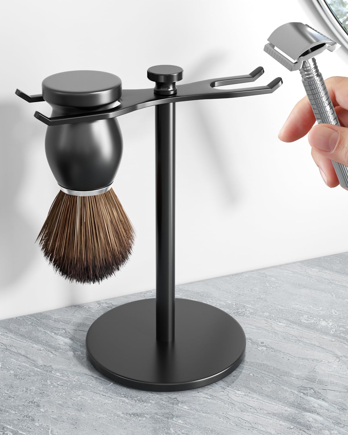 Pickpiff safety razor stand with black base keeps razors organized and accessible.