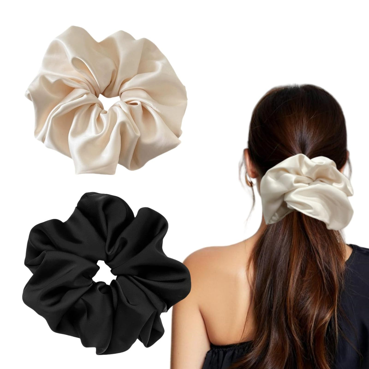 PIDOUDOU jumbo satin scrunchies in black and beige secure thick hair