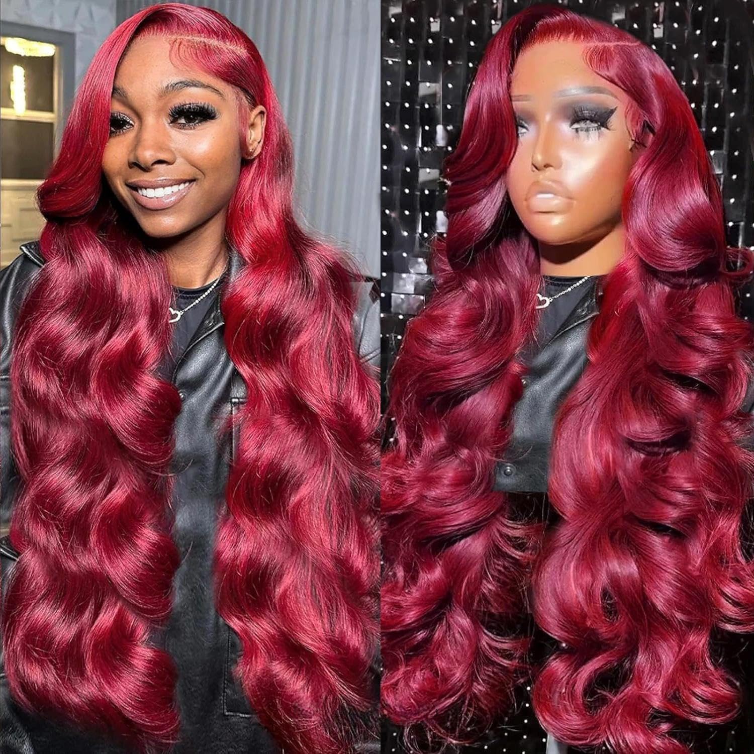 Pidrez 99j Burgundy lace front wig, 28-inch length, silky body wave for versatile styling.