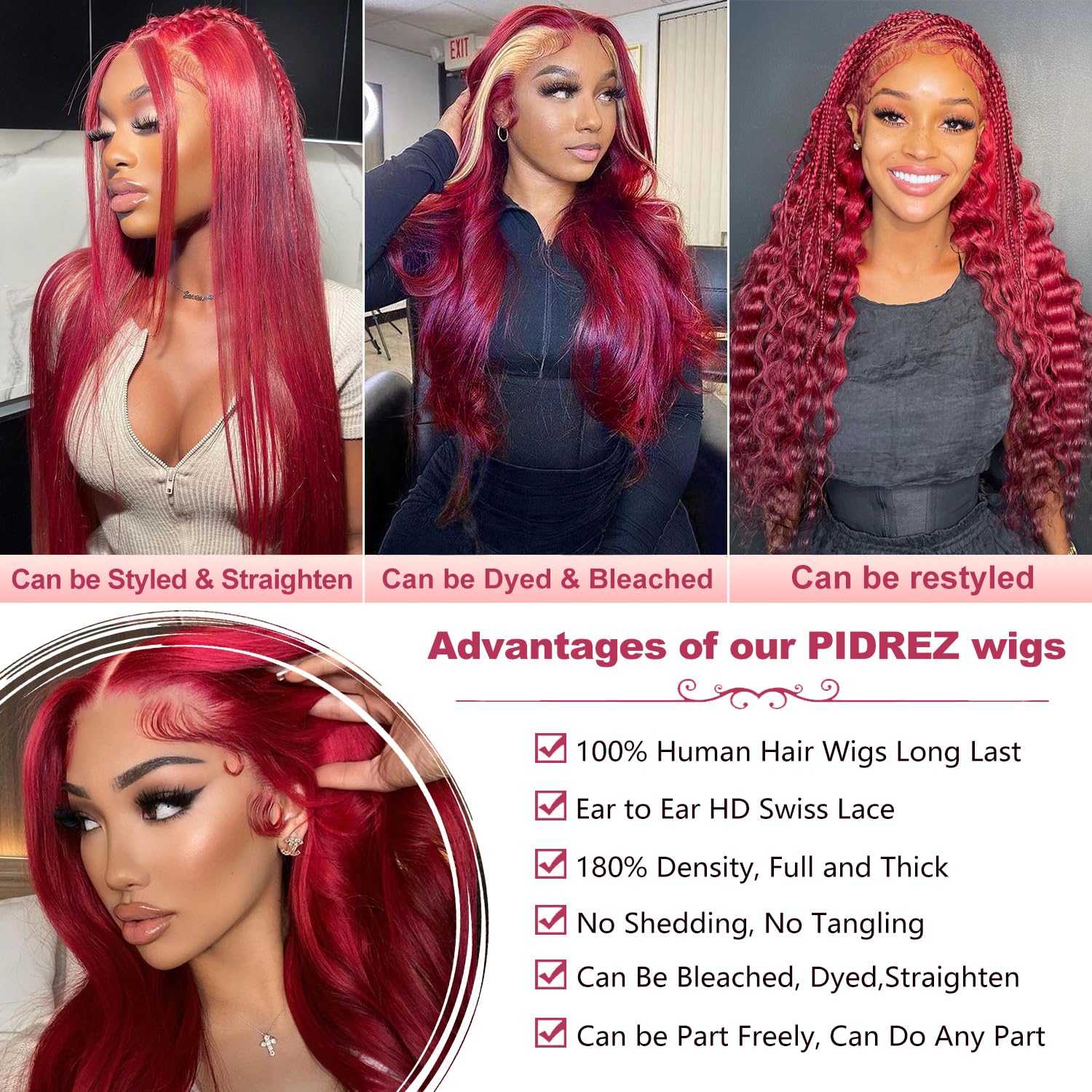 Pidrez Burgundy wig shown at a wedding or party look for enhanced elegance.